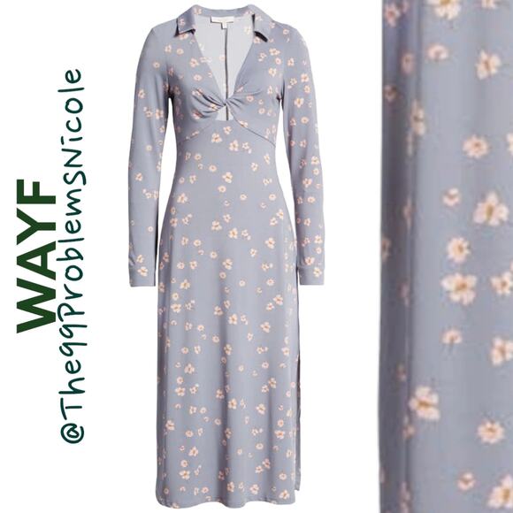 WAYF Remember Me Twist Detail Long Sleeve Cutout Midi Dress In Silver - Picture 7 of 9